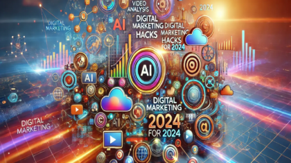 An abstract image representing AI and digital marketing, featuring a blend of technology icons, data analytics visuals, and network connections in a modern design.