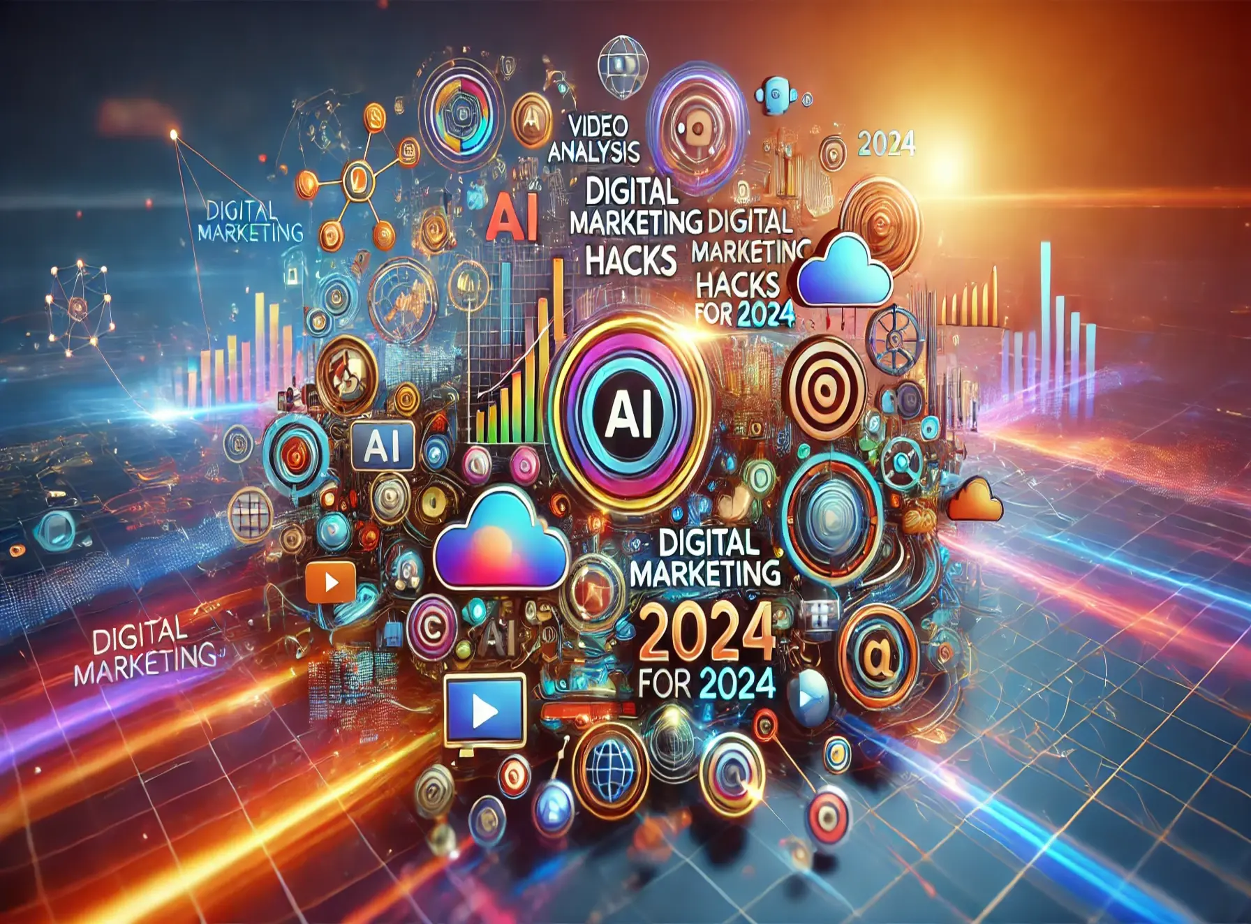 An abstract image representing AI and digital marketing, featuring a blend of technology icons, data analytics visuals, and network connections in a modern design.